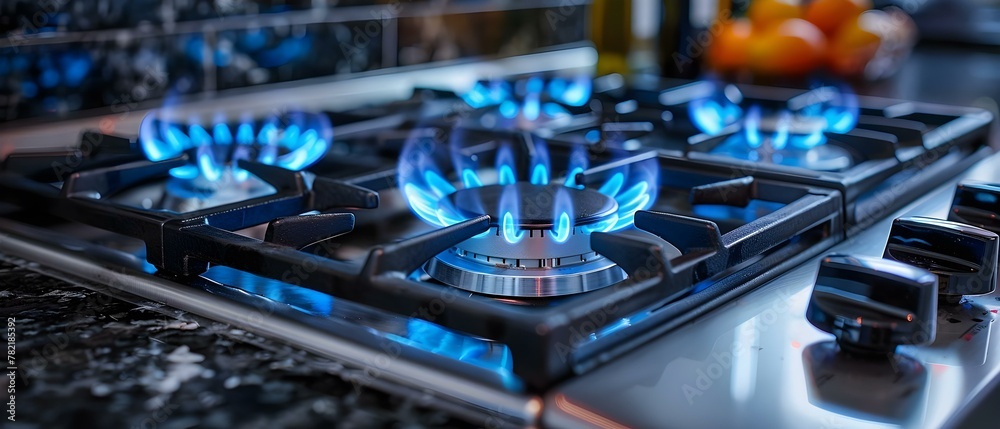 Modern Kitchen Symphony: Blue Gas Flames Dance on Stove. Concept Kitchen Decor, Gas Stove, Blue Flames, Modern Appliances, Culinary Art