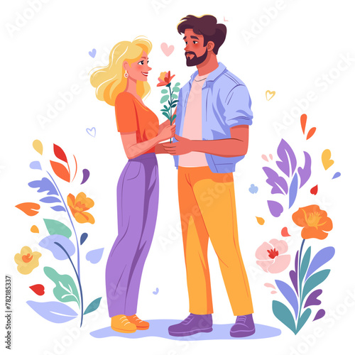 Young man gives flower to beautiful blond woman. Love and date concept. Vector flat illustration