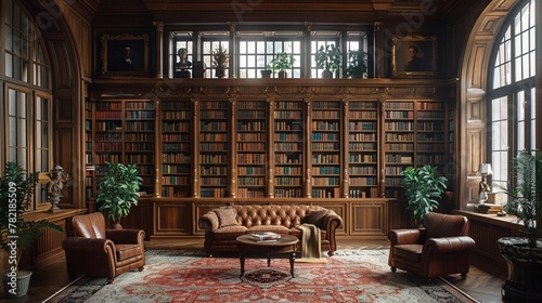 Bookshelf with doors in a private library, classic elegance photo