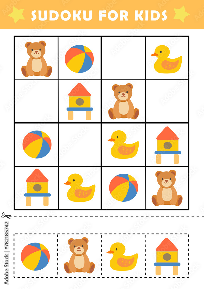 Sudoku logical reasoning activity for kids. Fun sudoku puzzle with cute toys illustration. Children educational activity worksheet.