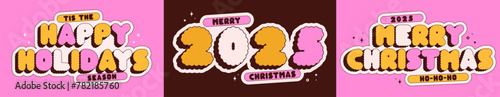 Merry Christmas groovy funny labels 2025 in pink color.