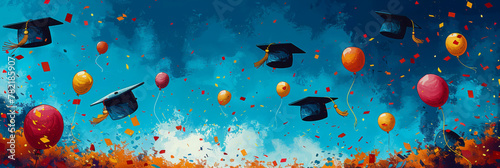 Graduation caps on background of confetti and air balloons, bright graduating banner, illustration, panorama