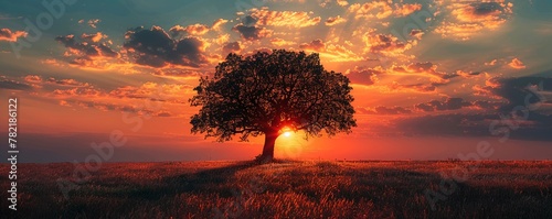Tree in silhouette against a setting sun, nature's perfect skyline