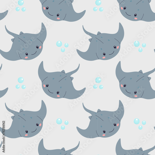 Seamless pattern with electric stingray and bubbles, for children. For textile design, wallpaper, wrapping paper, scrubbing, children's parties. Vector illustration of flat.