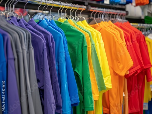 A store with many different colored shirts. Pride color.