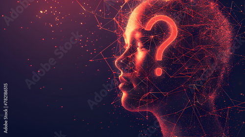 Human head with question mark form lines triangles and dots, generative Ai photo