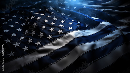 Waving Thin Blue Line American Flag under Blue Light