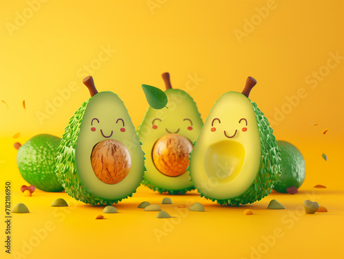3d happy avocado with seeds on yellow background. Isomeric characters