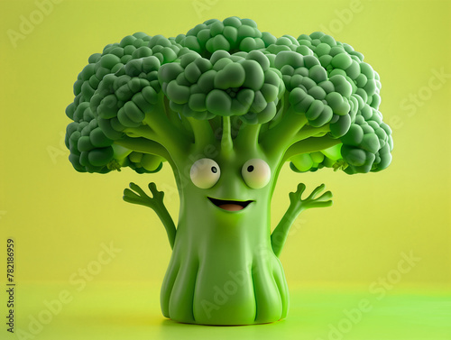 3d happy broccoli on green background. Isomeric characters
