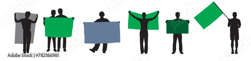 Raised flag in protest man woman silhouette black filled vector Illustration 