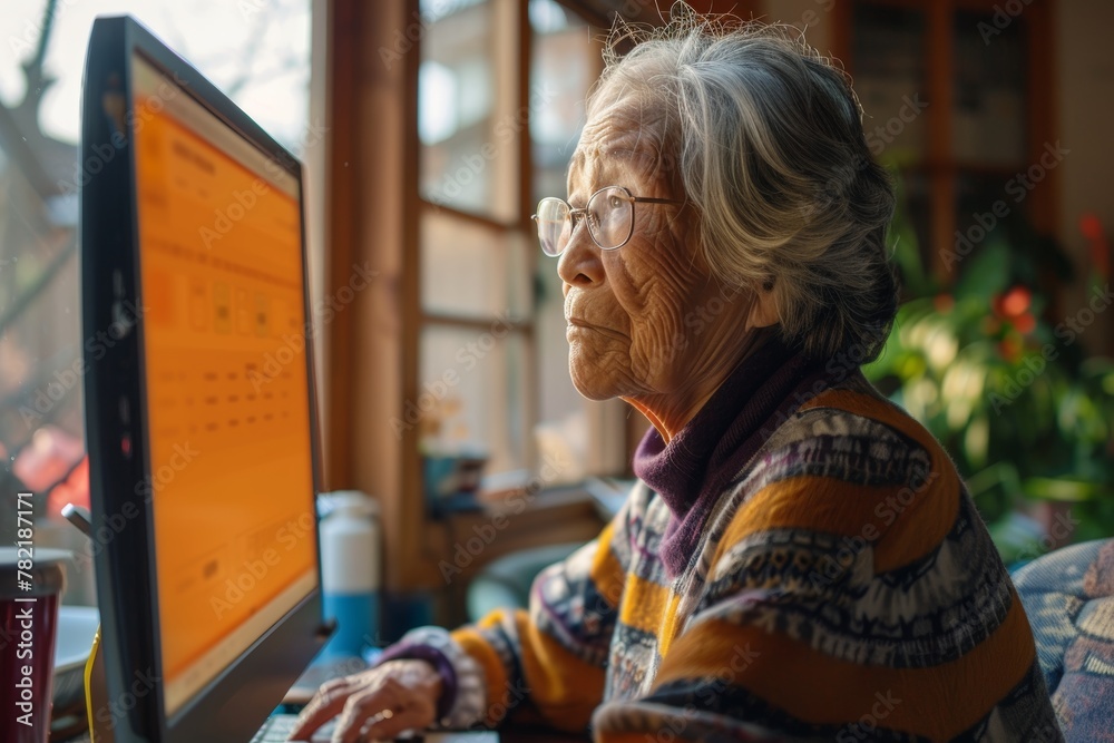 App demo near shoulder of a elderly woman in front of a computer with a fully orange screen