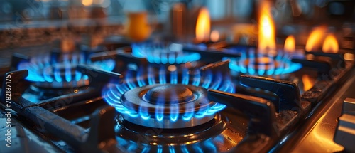 Blue Inferno: A Symphony of Gas Stove Flames. Concept Gas Stove Flames, Blue Inferno, Culinary Art, Fiery Photography, Kitchen Symphony