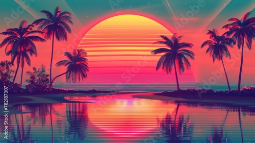 Beautiful sunrise view overlooking palm trees and mountains in retro neon color on a beautiful sunset in high resolution and high quality. retro concept