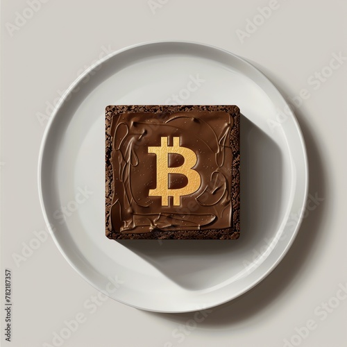 A creative presentation of a chocolate brownie with the Bitcoin symbol, symbolizing the fusion of culinary arts and cryptocurrency photo