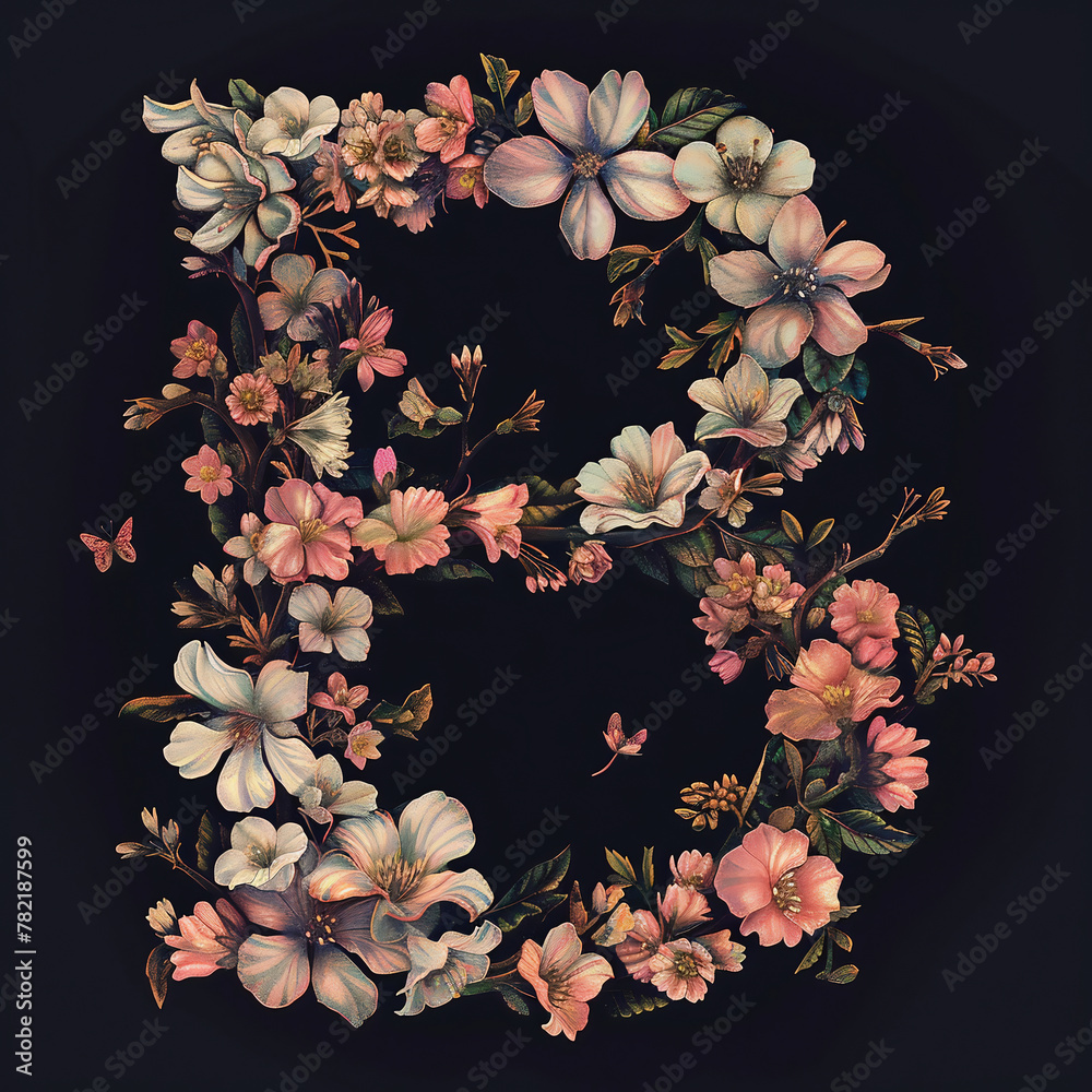 Beautiful floral alphabet isolated on black background. Letter B. Floral font.