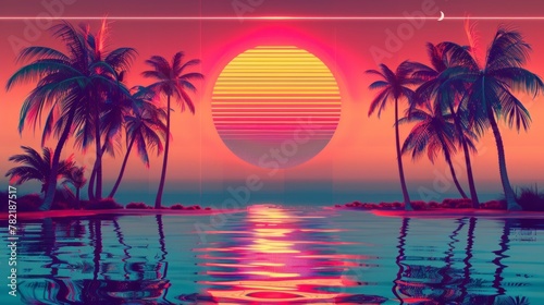 Beautiful sunrise view overlooking palm trees and mountains in retro neon color on a beautiful sunset in high resolution and high quality. retro concept,neon,80s