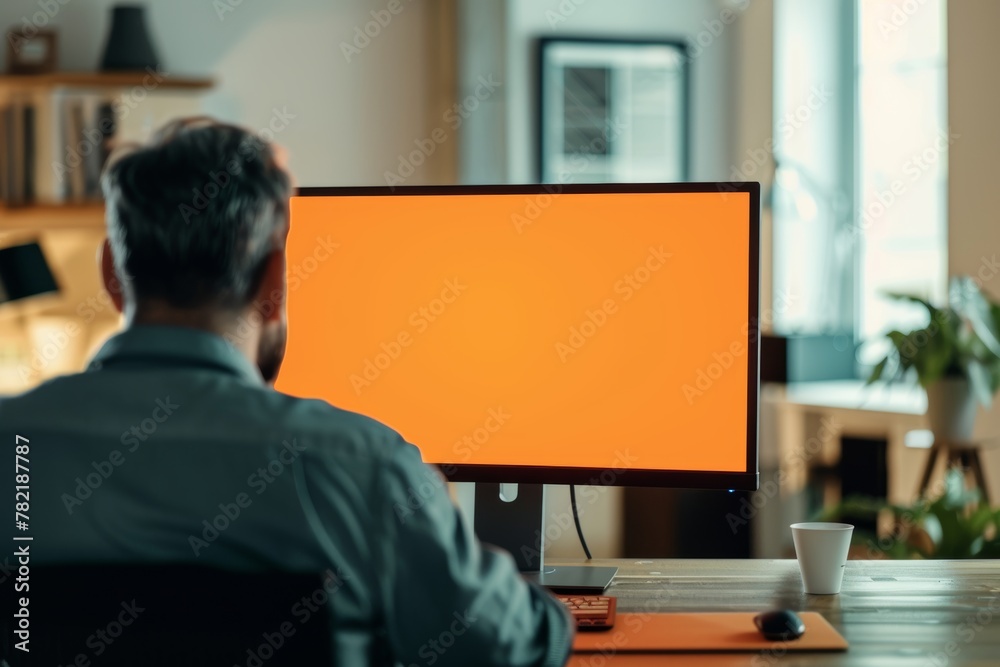 Ui mockup through a shoulder view of a mature man in front of a computer with an entirely orange screen Ui mockup through a shoulder view of a mature man in front of a computer with an entirely orange screen