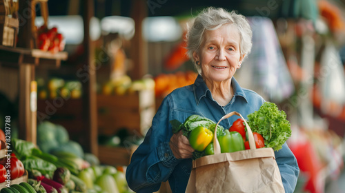 Happy senior woman buying fruits and vegetables at the market