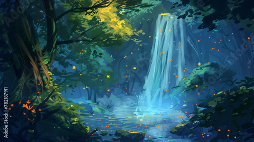 Enchanted forest scene with a tranquil waterfall and glowing fireflies at twilight.