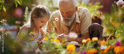 Cheerful little girl with her grandfather takes care of flowers