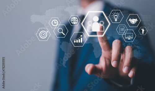 Fototapeta Naklejka Na Ścianę i Meble -  Customer relationship management in the digital global online network and marketing strategy. CDP, Customer Data Platform concept. Marketing tool for online business, digital marketing.