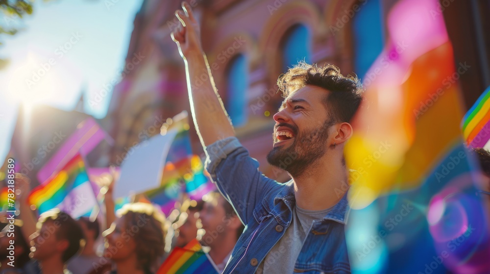 Joyous man raising hand at LGBTQ pride parade under sunny sky

