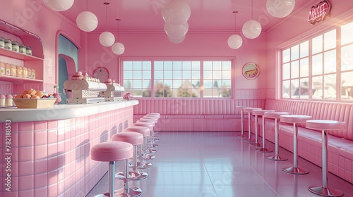 Illustrated background of a 90s ice cream parlor with vintage flavors and floating cones photo