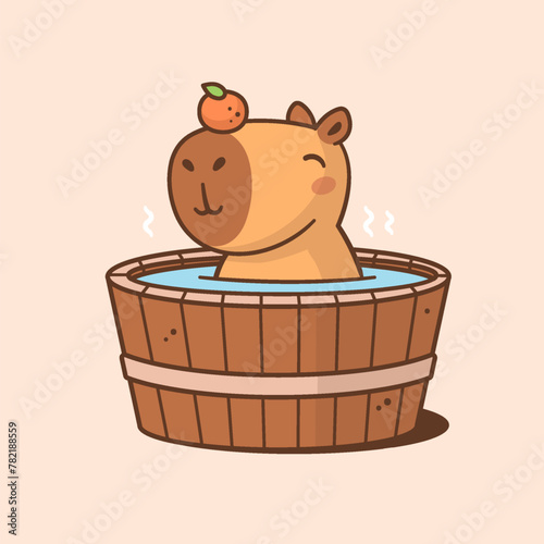 Cute capybara having a bath in hot tub, funny kawaii style cartoon illustration (ID: 782188559)