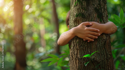 Hand of woman touching bark of tree, Green natural background. Concept of people love nature and protect from deforestation or pollution or climate change, generative ai