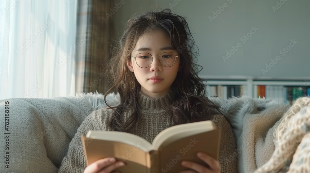 Happy young woman reading book at home, Lifestyle freelance relax and chill in living room, Lifestyle Concept, generative ai Happy young woman reading book at home, Lifestyle freelance relax and chill in living room, Lifestyle Concept, generative ai