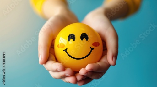 woman hands holding smile face, positive thinking, mental health assessment , world mental health day concept, generative ai
