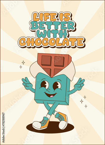 Retro poster, card, banner with chocolate bar. Cartoon mascot. Cute groovy character.