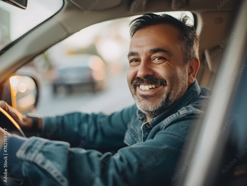 Adult man smiling while driving car, Happy man feeling comfortable sitting on driver seat in his new car
Adult man smiling while driving car, Happy man feeling comfortable sitting on driver seat in his new car