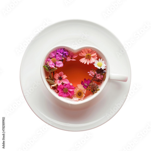 A cup of tea with flowers on a saucer