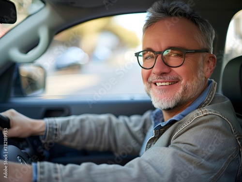 Adult man smiling while driving car, Happy man feeling comfortable sitting on driver seat in his new car 