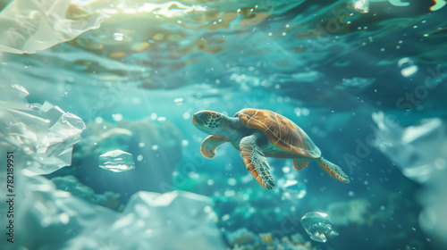 Sea Turtle Swimming Amongst Plastic Debris
