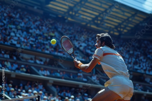 A tennis player is swinging a racket at a yellow ball