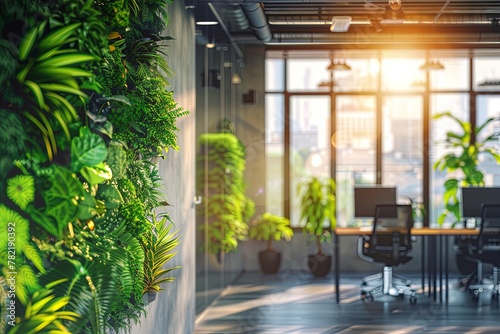 Green Oasis in the Workplace  Modern Office Interior with Vertical Garden and Sunlit Cityscape