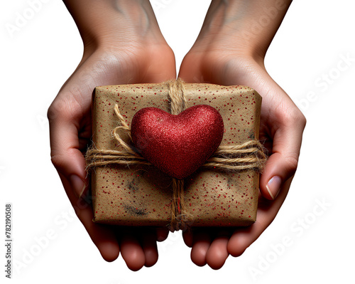 Female hand holding gift box with heart and transparent background png