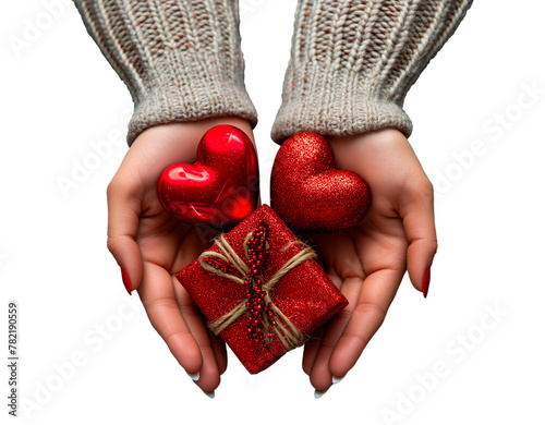 Female hand holding gift box with heart and transparent background png