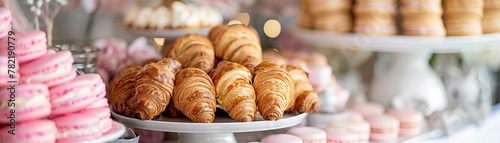 Assorted French pastries and macarons in a panoramic composition with soft focus. Food photography