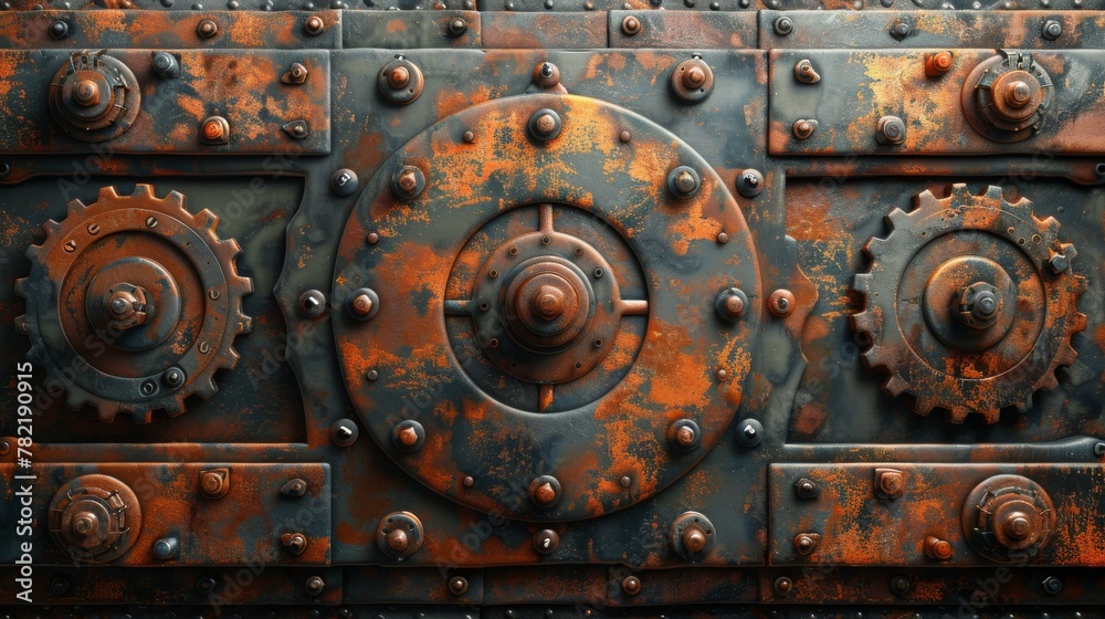 An illustration of aged copper metal plates with brass screws and cog wheels An illustration of aged copper metal plates with brass screws and cog wheels
