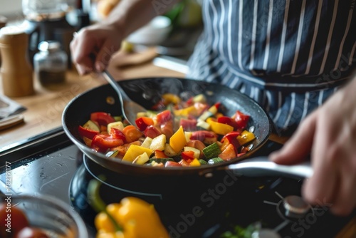cropped shot of man in apron cooking vegetables in pan on electric stove, home-cooked food