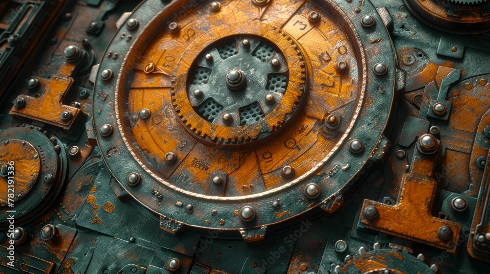 3D illustration of a round aged copper plaque over a clockwork mechanism