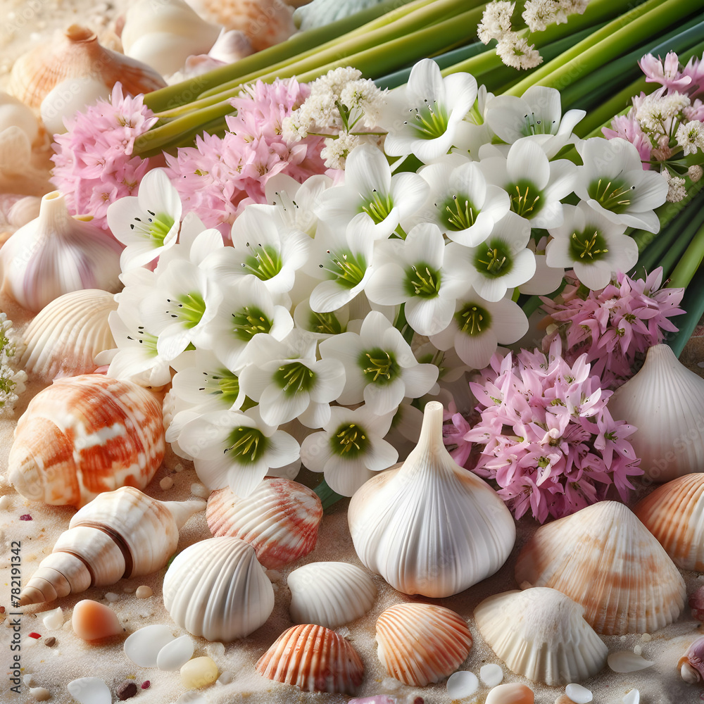 set of seashells. garlic, food, white, flower, vegetable, isolated,Ai generated 