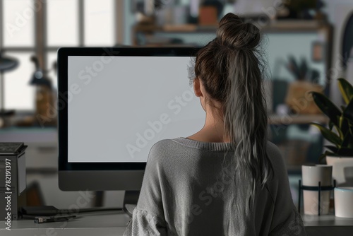 Application mockupover the shoulder shot of a teen girl in front of a computer with a fully grey screen