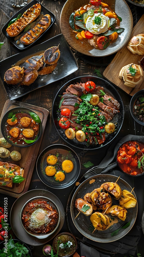 Assorted dishes on table for a gourmet feast. Food photography with a variety of cuisine. Assorted dishes on table for a gourmet feast. Food photography with a variety of cuisine.