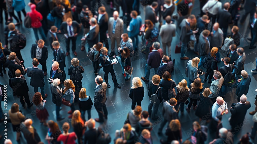 A diverse group of individuals standing in a crowded conference hall, engaged in conversations and networking during an event - obrazy, fototapety, plakaty 