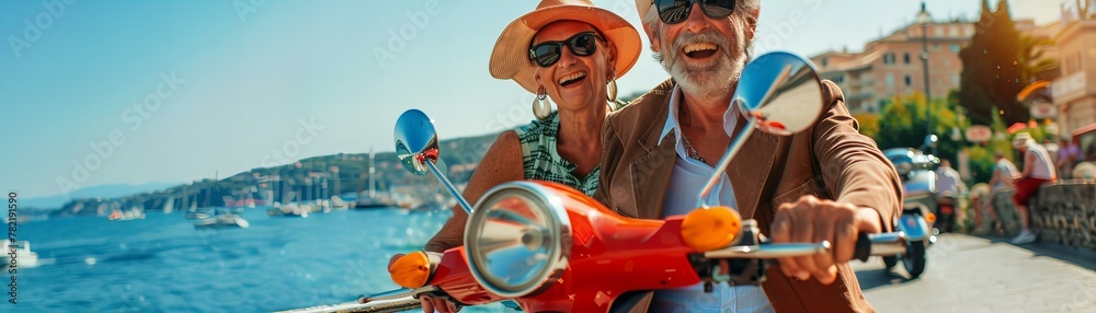 Senior couple enjoying a scooter ride in a picturesque town. Travel and adventure theme.