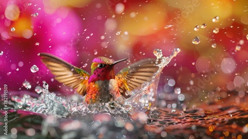 A vibrant hummingbird energetically splashes water on its wings  creating a lively burst of droplets